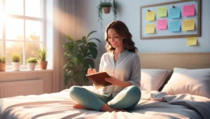 Woman writing daily affirmations in her journal with sunlight and a vision board behind her.