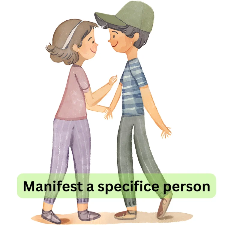 A cartoon illustration of a happy couple holding hands with the text "Manifest a specific person" at the bottom.