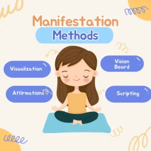 Illustration of a girl meditating with text highlighting various manifestation methods.