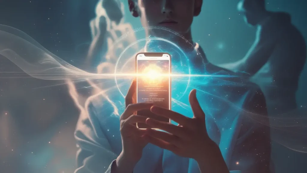 A person holding a glowing phone with energy radiating from it, symbolizing manifesting a specific person or their text message.