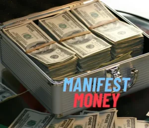 A full open suitcase overflowing with stacks of cash. On the side of the suitcase, the words 'Manifest Money' are prominently written in bold letters.