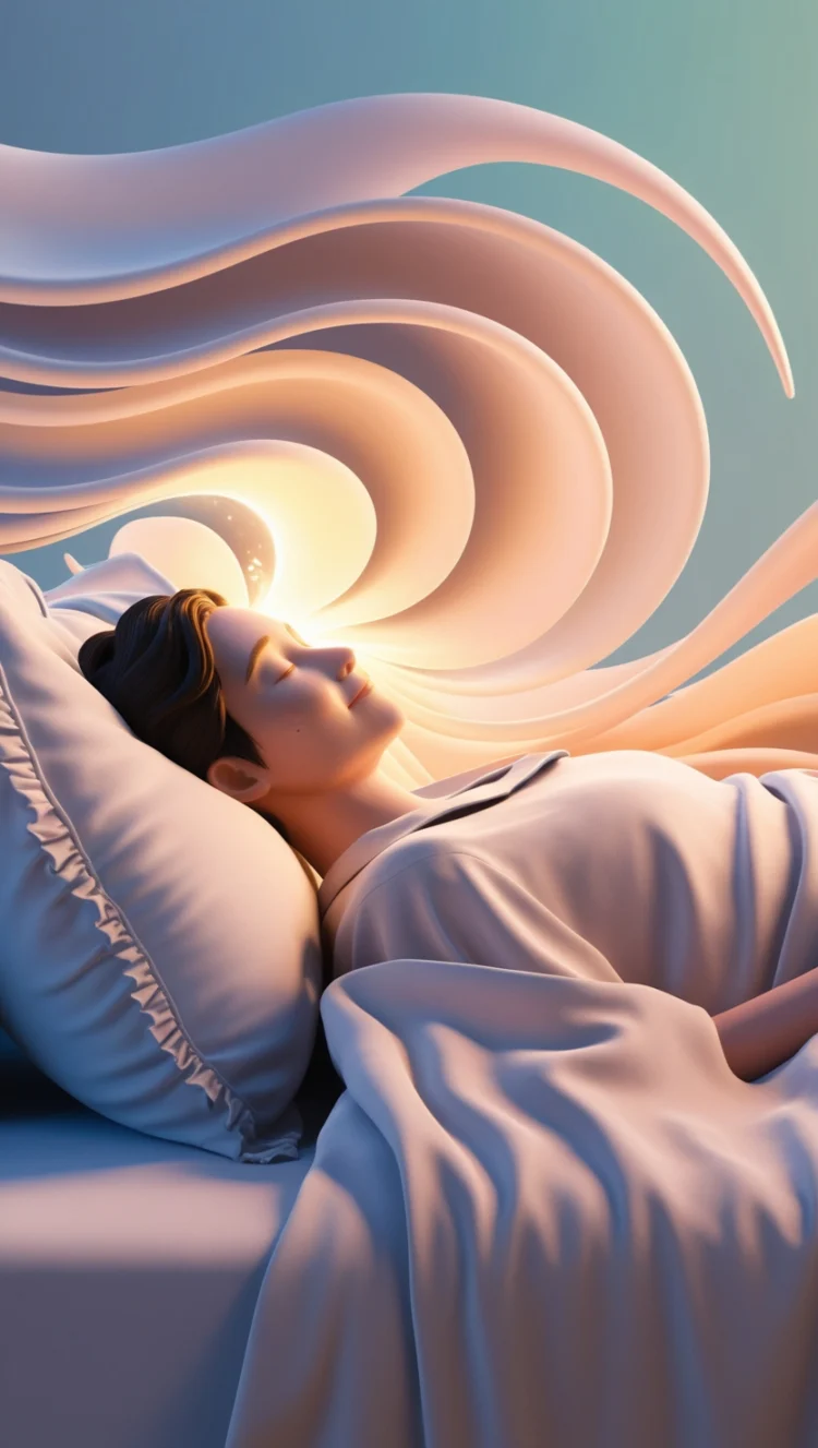 Person peacefully sleeping with soft light waves flowing from their head, symbolizing visualization during the SATS manifestation method.