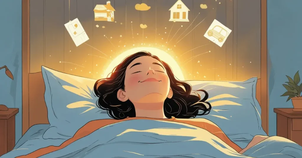 Visualization of SATS manifestation: person in a peaceful state visualizing their dreams before sleep.