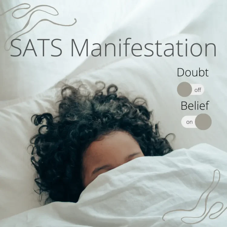 The image depicts a serene scene of a girl peacefully sleeping, her face partially covered by a soft blanket. Overlaid on the image are two contrasting buttons, one labeled "Doubts" in the off position and the other labeled "Belief" in the on position. Text above the buttons reads "Sats manifestation," indicating a state of mindfulness or meditation. 