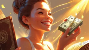 Happy person holding money with a glowing aura, symbolizing wealth manifestation.