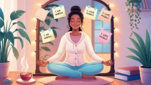 Calm woman sitting cross-legged in front of a mirror with self-love affirmations like 'I am worthy' and 'I love myself' written on sticky notes, surrounded by plants, books, and warm lighting, creating a peaceful and nurturing self-care environment.