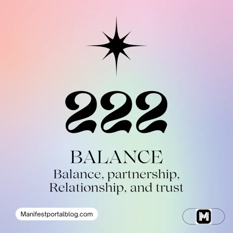 Image of a pink and blue noisy gradient background with the text 'Angel Number 222' written on it. The words 'Balance, harmony, partnerships, relationships, and trust' are also displayed.