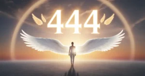 Angel number 444 glowing in the sky with angel wings, symbolizing guidance, support, and inner strength.