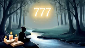 Silhouette of a person meditating beside a river in a quiet forest at dusk, with the glowing number 777 appearing in the sky, symbolizing spiritual insight and inner clarity.