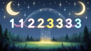 Glowing angel numbers 111, 222, 333 in a starry night sky, symbolizing divine guidance and spiritual connection