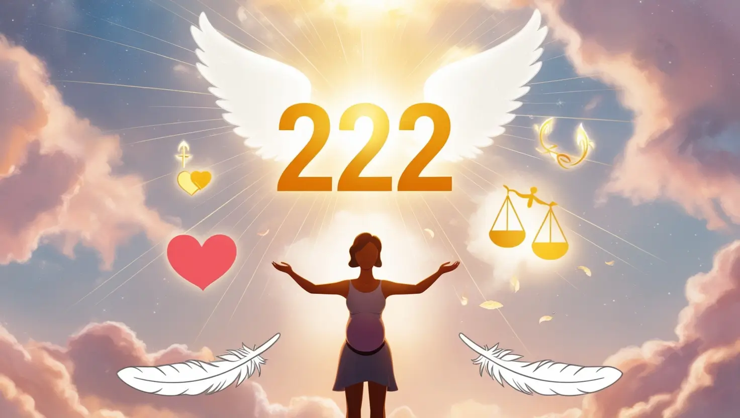 Mystical sky scene with glowing angel number 222 surrounded by symbols of love, balance, manifestation, twin flames, and pregnancy, representing spiritual guidance and divine support.