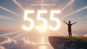 Angel number 555 glowing in the sky at sunrise with a person embracing change and divine guidance.