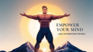 A man standing confidently on a mountain peak at sunrise with arms wide open, symbolizing strength, self-belief, and a fresh start through daily affirmations.