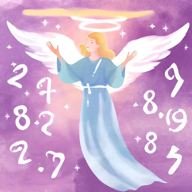 Illustration of an angel surrounded by angel numbers on a purple and pink ethereal background.