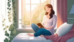 Peaceful woman practicing daily affirmations for anxiety relief in a cozy morning setting