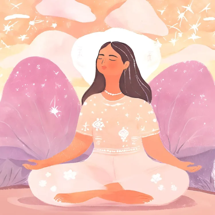 Illustration of person meditating with a dreamy, ethereal background.