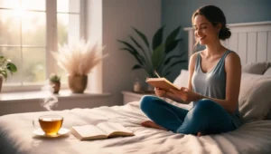 Confident woman journaling positive affirmations in the morning sunlight, embracing self-love, empowerment, and well-being.