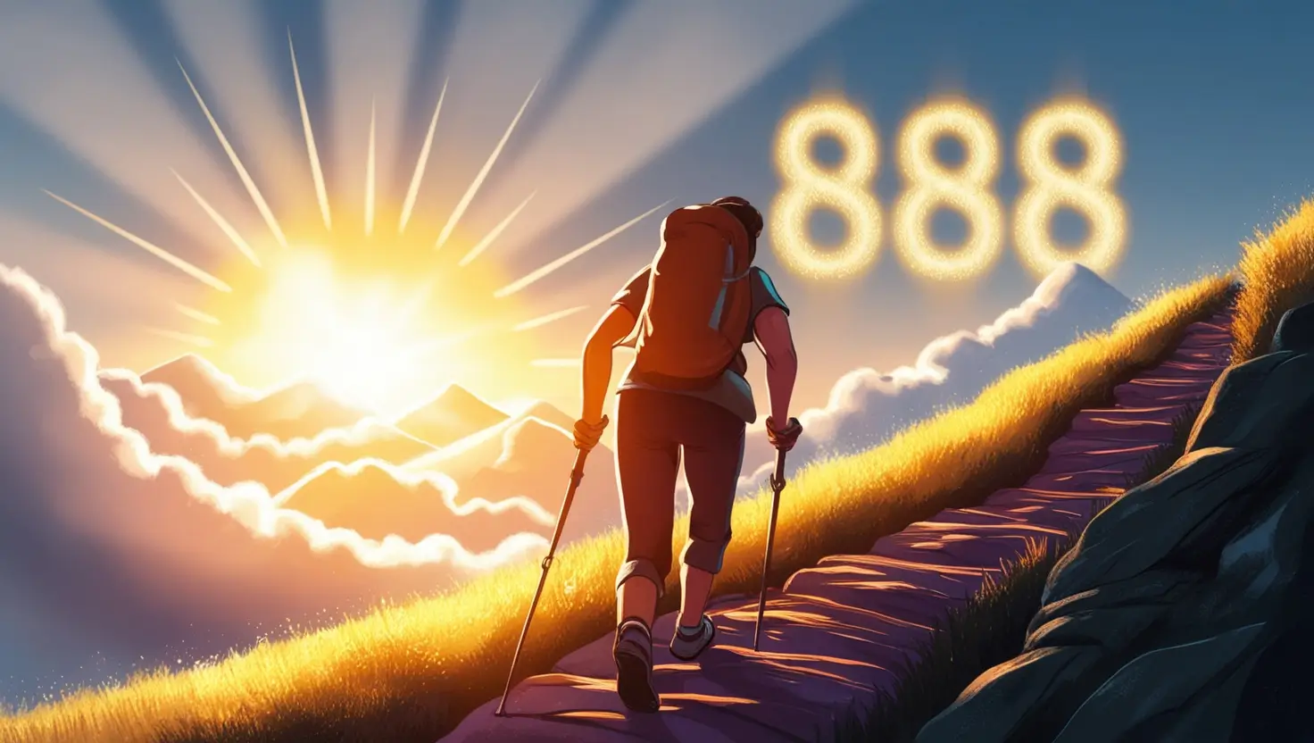 A determined person climbing a mountain at sunrise with glowing angel number 888 in the sky, symbolizing hard work, strength, and incoming financial rewards.