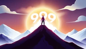 Person standing on a mountain peak at sunrise with glowing 999 in the sky, symbolizing strength, courage, and divine guidance associated with angel number 9.