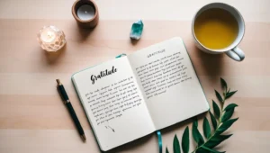 A flat lay of a gratitude journal with handwritten affirmations, surrounded by calming items like a candle, crystal, and tea, symbolizing a mindful morning practice.