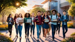 Happy college and school students walking together, starting the day with confidence and motivation.