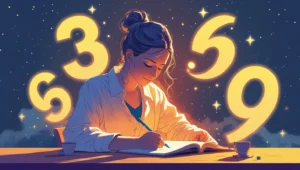 A woman journaling at night, surrounded by glowing numbers 3, 6, and 9, symbolizing the 369 manifestation method.