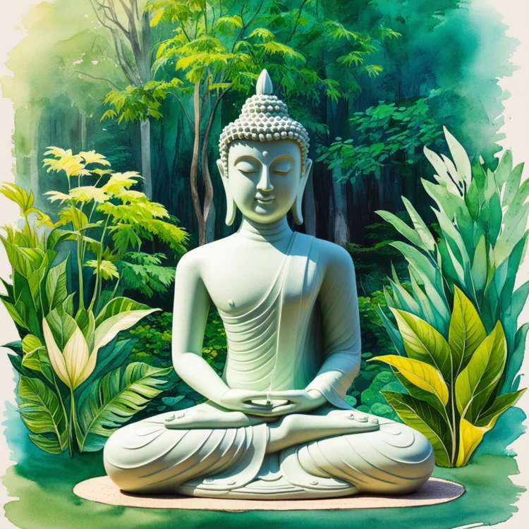 A meditating Buddha statue sits peacefully in a lush forest, surrounded by greenery and trees.