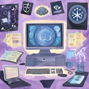 Illustration of a computer workstation with a monitor displaying a seal, surrounded by documents, symbols, and scientific equipment, all set against a purple background.