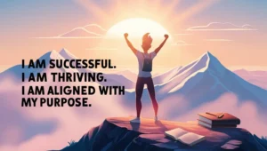 Confident person on a mountain at sunrise holding a journal, symbolizing success and empowerment.