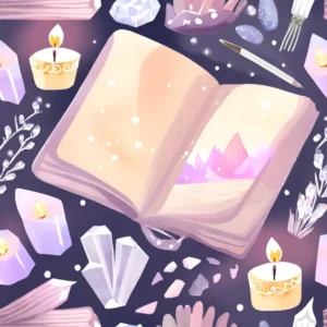 A serene illustration of an open journal surrounded by crystals, candles, and spiritual items, creating a perfect setting for scripting manifestation.