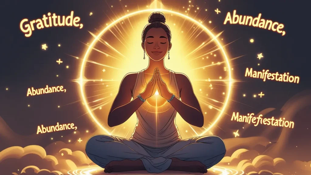 Person meditating with glowing words of gratitude and manifestation.