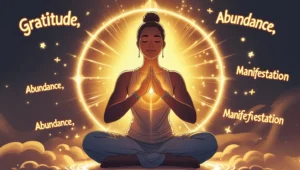 Person meditating with glowing words of gratitude and manifestation.