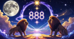 An illustration titled "888 Lions Gate Portal" featuring a lion surrounded by the number 888 in a cosmic, mystical setting with celestial symbols, a full moon, and a starry background.