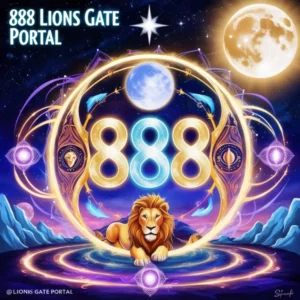 An illustration titled "888 Lions Gate Portal" featuring a lion surrounded by the number 888 in a cosmic, mystical setting with celestial symbols, a full moon, and a starry background.