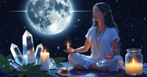 Full moon manifestation ritual with meditation, crystals, bay leaves, and moon water under the moonlight.