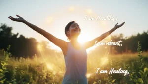 Person standing in nature with arms open, surrounded by positive health affirmations in glowing text.
