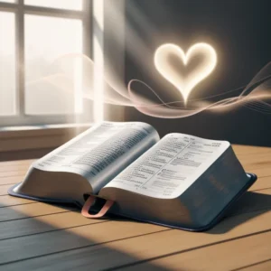 Open Bible on a wooden table with soft sunlight, representing the connection between faith and manifestation.