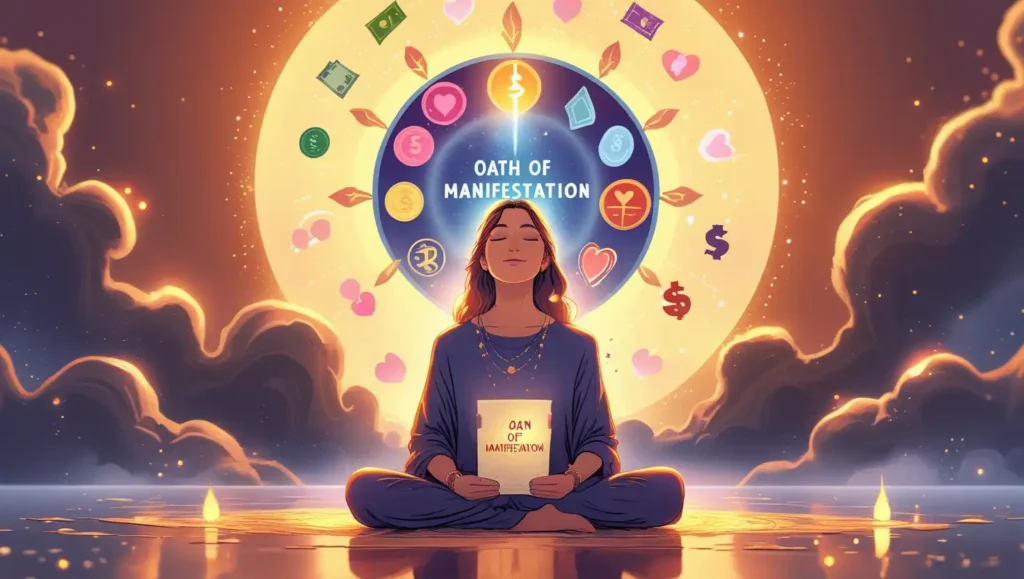 A person meditating with an Oath of Manifestation journal, surrounded by symbols of abundance, success, and divine energy.