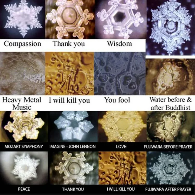 Different water crystals formed in response to various words, emotions, and sounds, showing the effects of positive and negative energies on water structure.