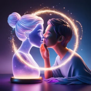 3D illustration of the Whisper Manifestation method with a person whispering into a glowing figure's ear in a mystical, dreamlike setting.