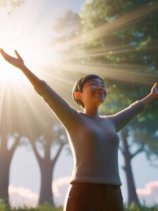 Person standing outdoors with arms outstretched towards the rising sun, symbolizing gratitude.