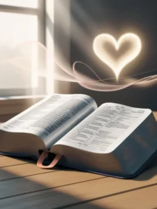 Open Bible on a wooden table with soft sunlight, representing the connection between faith and manifestation.