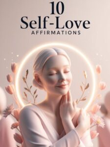 Woman gently embracing herself, symbolizing self-love, surrounded by soft pastel colors and glowing light.