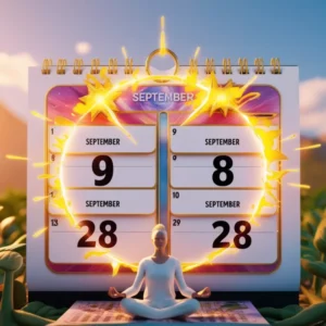 Calendar with September dates 9 and 28 highlighted, surrounded by energy symbols and sprouting seeds, representing high-speed manifestation and focused intention.