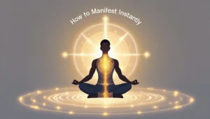 Person meditating in a cross-legged position with glowing golden energy radiating from their body, surrounded by circular light patterns, symbolizing instant manifestation and spiritual alignment. The text 'How to Manifest Instantly' appears above.