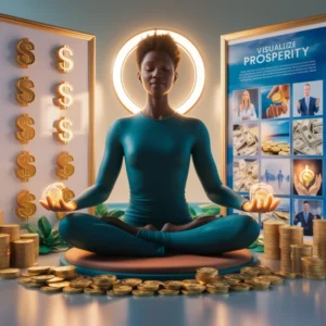 Person meditating with symbols of wealth and a vision board, visualizing how to manifest money.