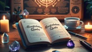 An open notebook with 'Manifestation Quotes' written on the page, surrounded by candles, crystals, and a vision board, symbolizing the power of manifestation and positive thinking.