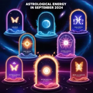 Illustration of nine astrological portals in September 2024, symbolizing transformative energy with cosmic background.