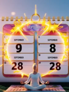 Calendar with September dates 9 and 28 highlighted, surrounded by energy symbols and sprouting seeds, representing high-speed manifestation and focused intention.