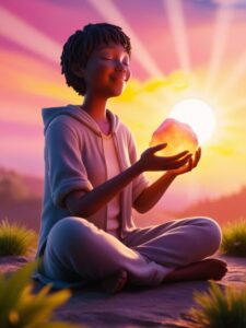 A person sitting in a peaceful, natural setting at sunrise, holding a glowing rock in their hand with a serene smile. The overall mood conveys calmness, gratitude, and the power of the universe aligning with the individual.